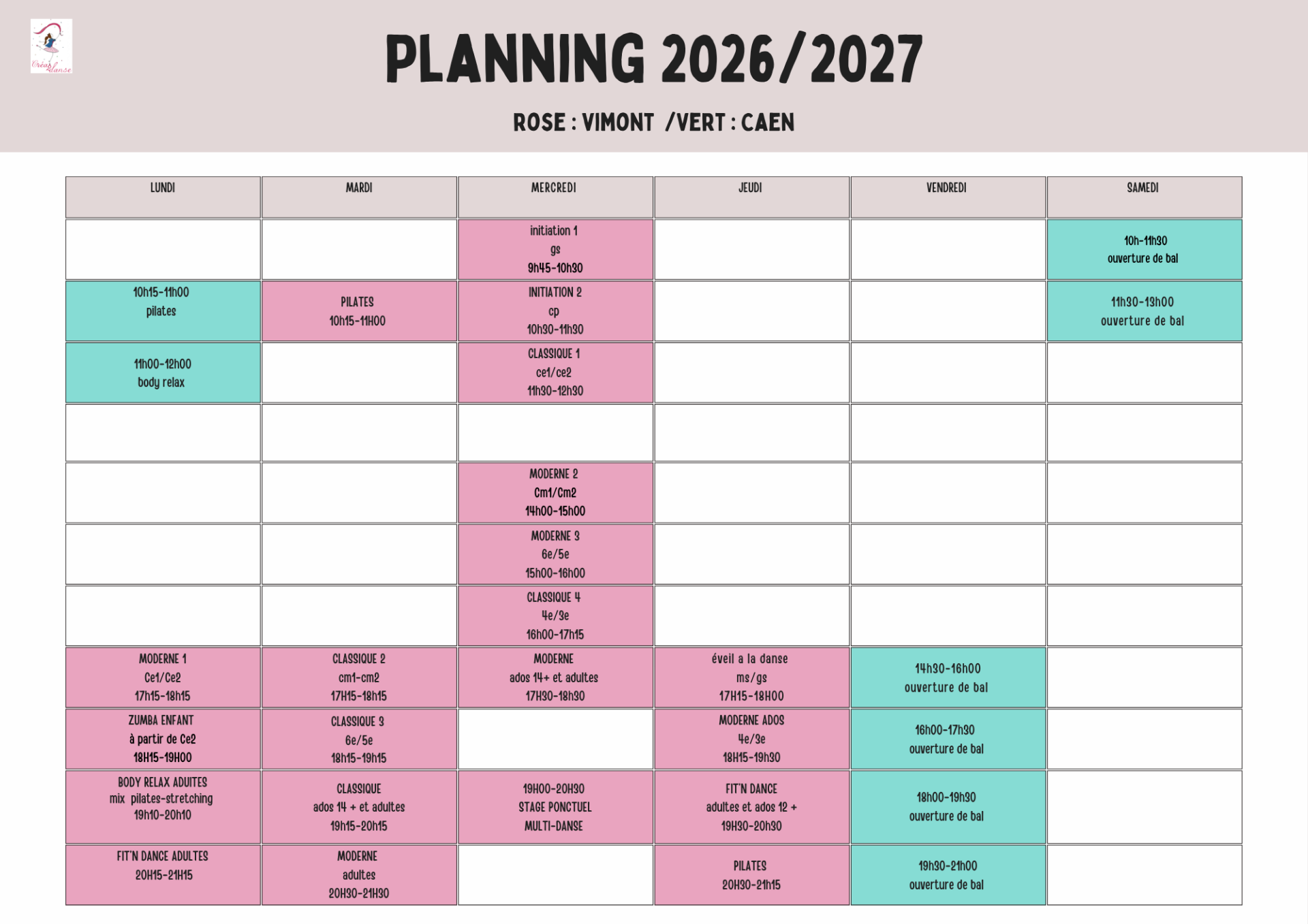 planning de tous les cours